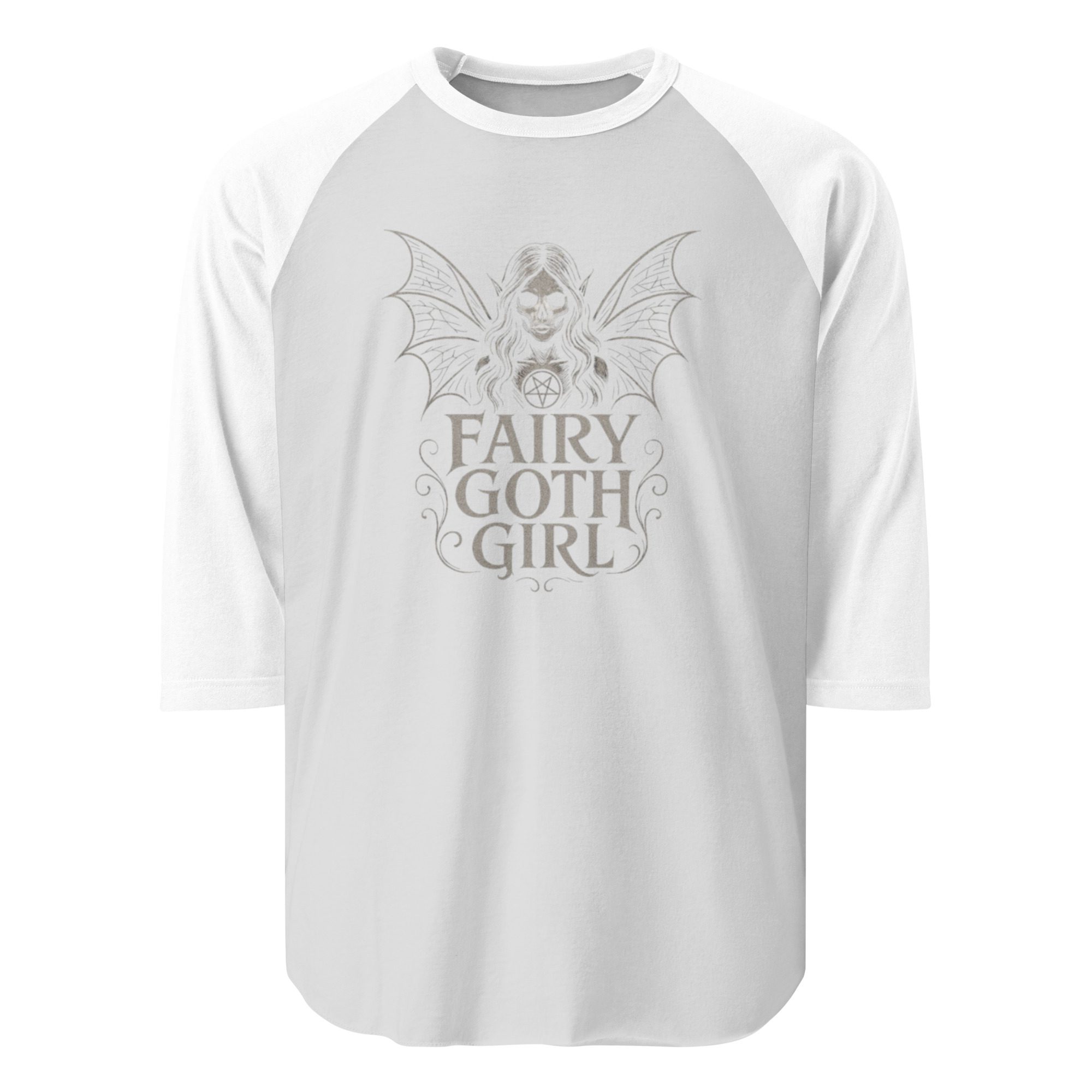 White raglan shirt with fairy goth girl design and wings.