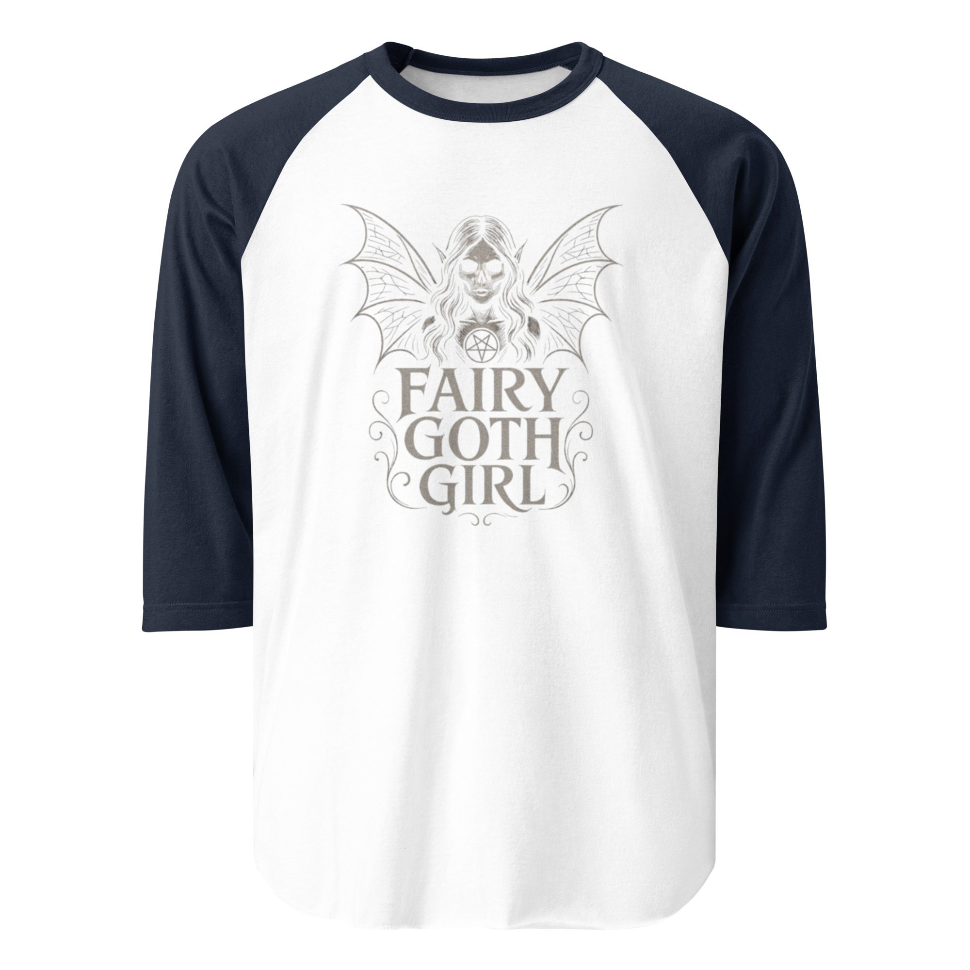 White and black raglan shirt with fairy gothic girl design.