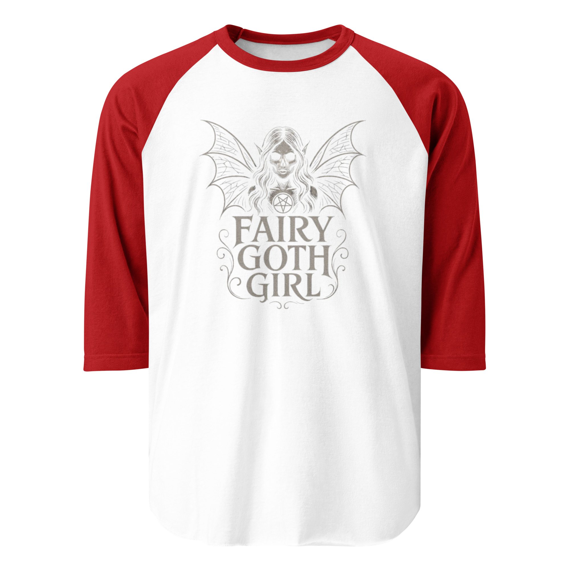 White and red raglan shirt with fairy goth girl design.