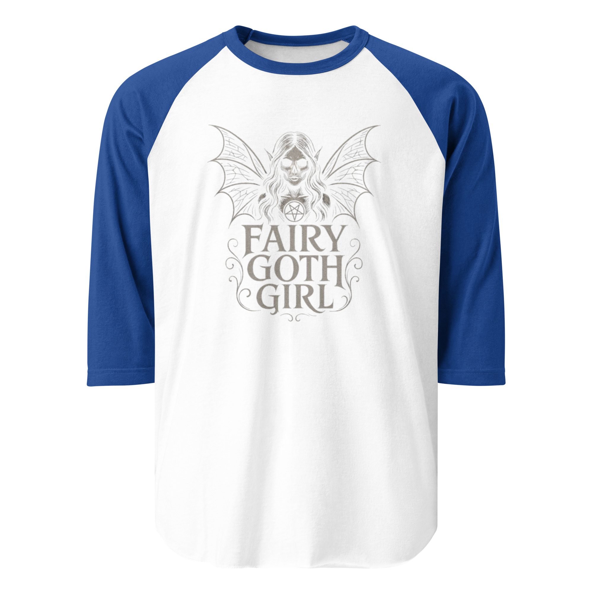 White and blue raglan shirt with 'Fairy Goth Girl' text and fairy design.