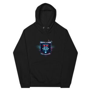 Black hoodie with a colorful graphic logo on the front.