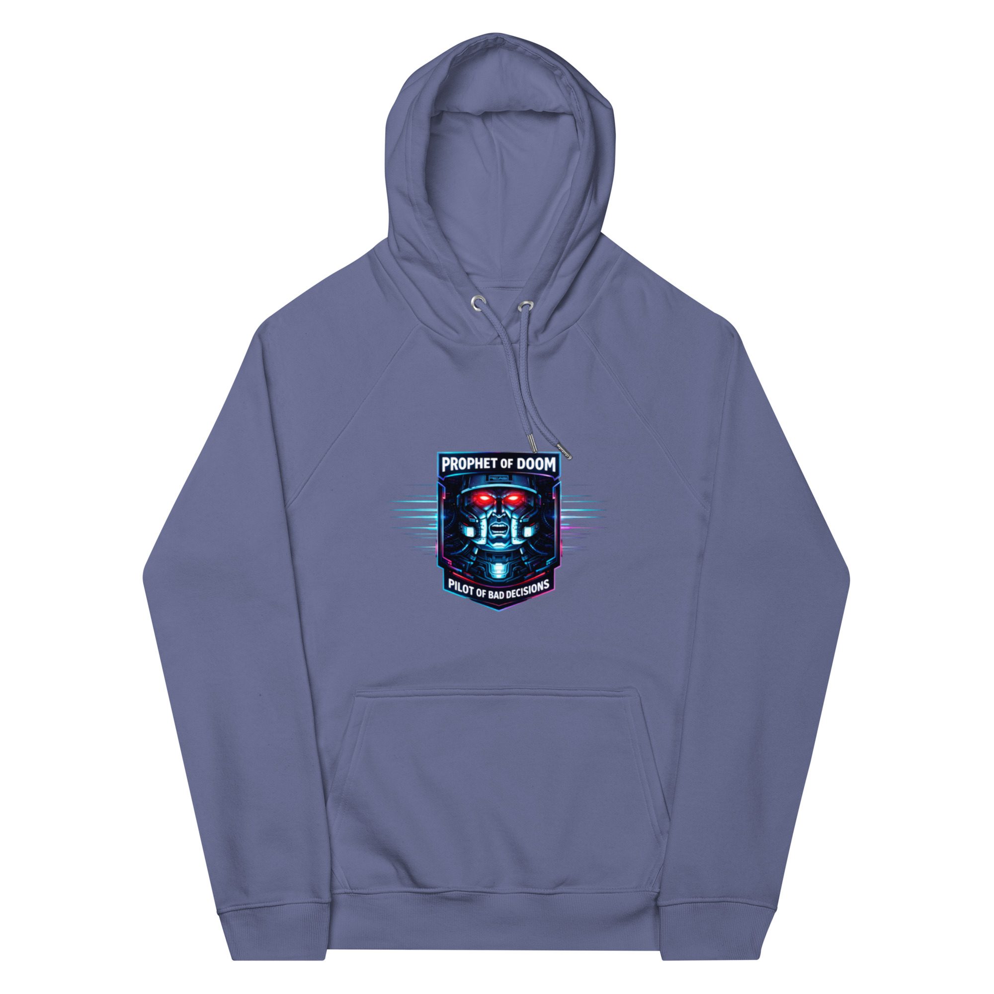 Purple hoodie with a colorful graphic design on the front.