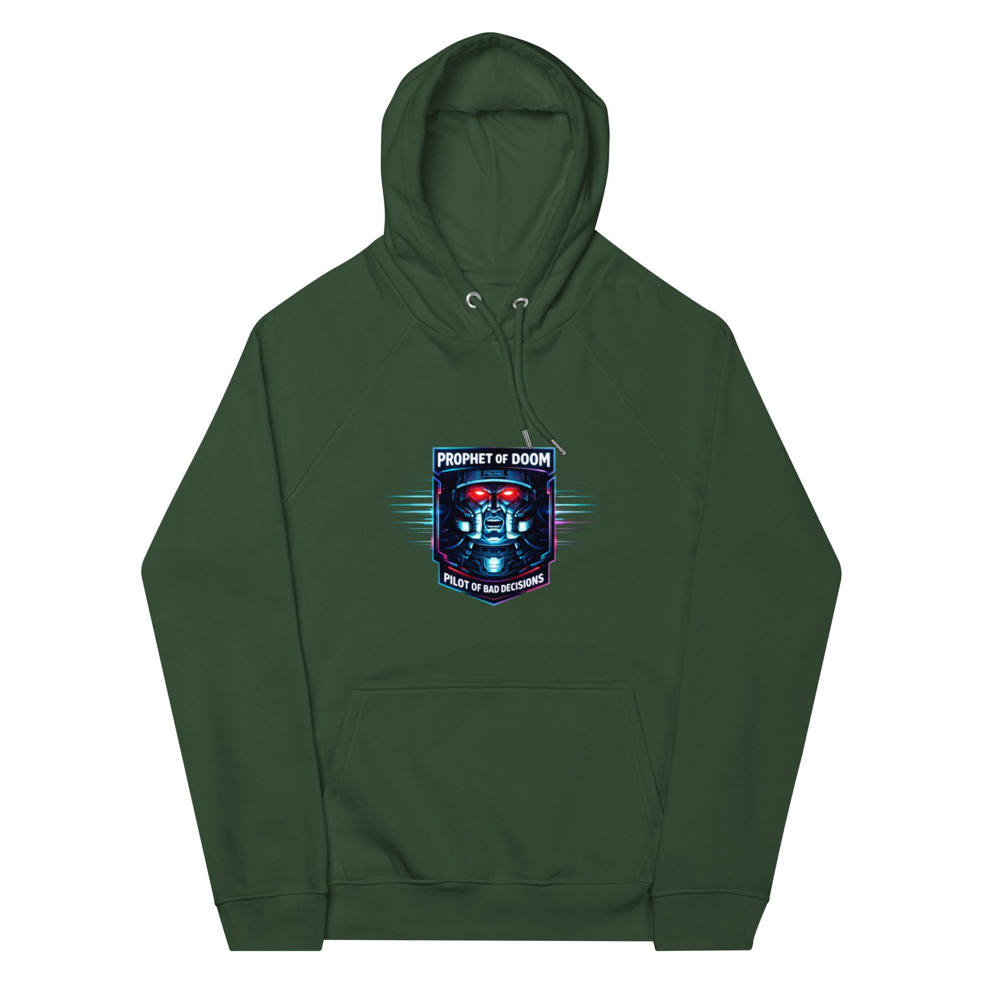 Dark green hoodie with a colorful crest design on the chest.