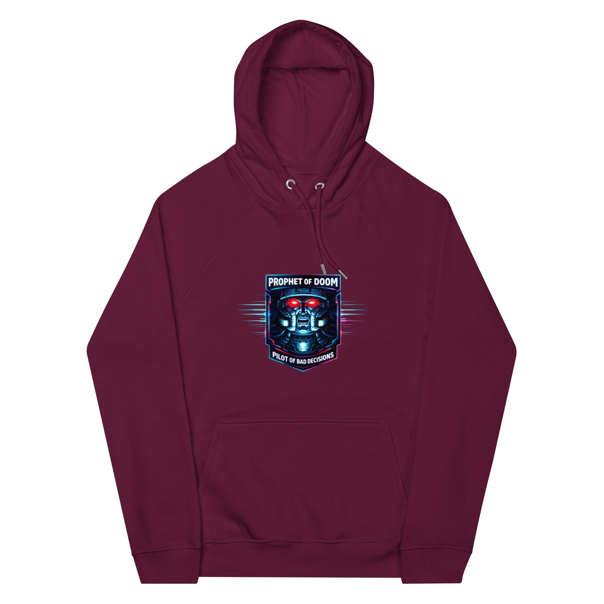 Maroon hoodie with a blue and white graphic logo on the chest.