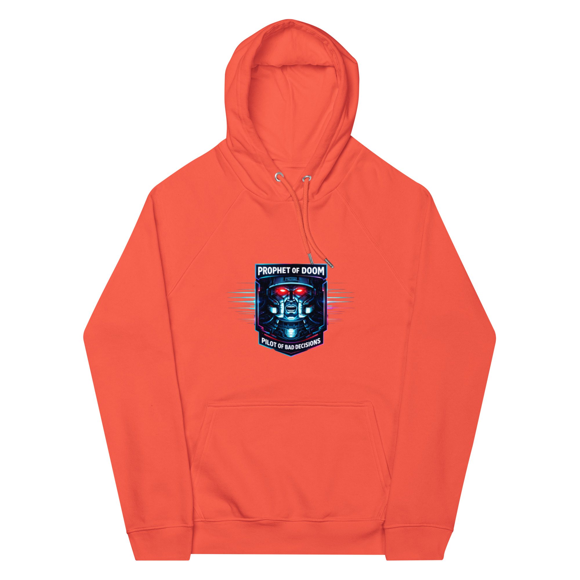 Bright orange hoodie with a colorful graphic on the front pocket area.
