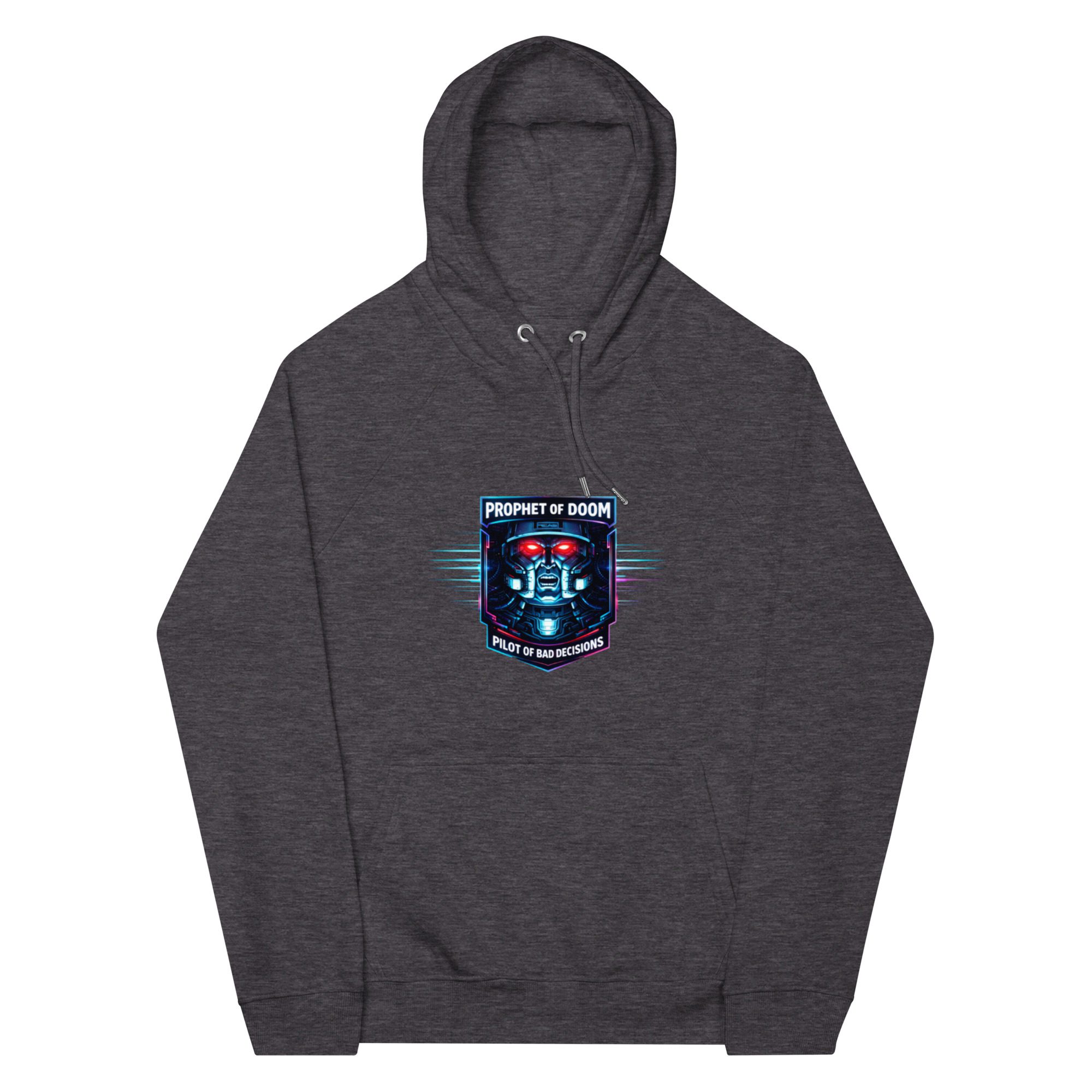 Dark gray hoodie with a graphic design on the front.