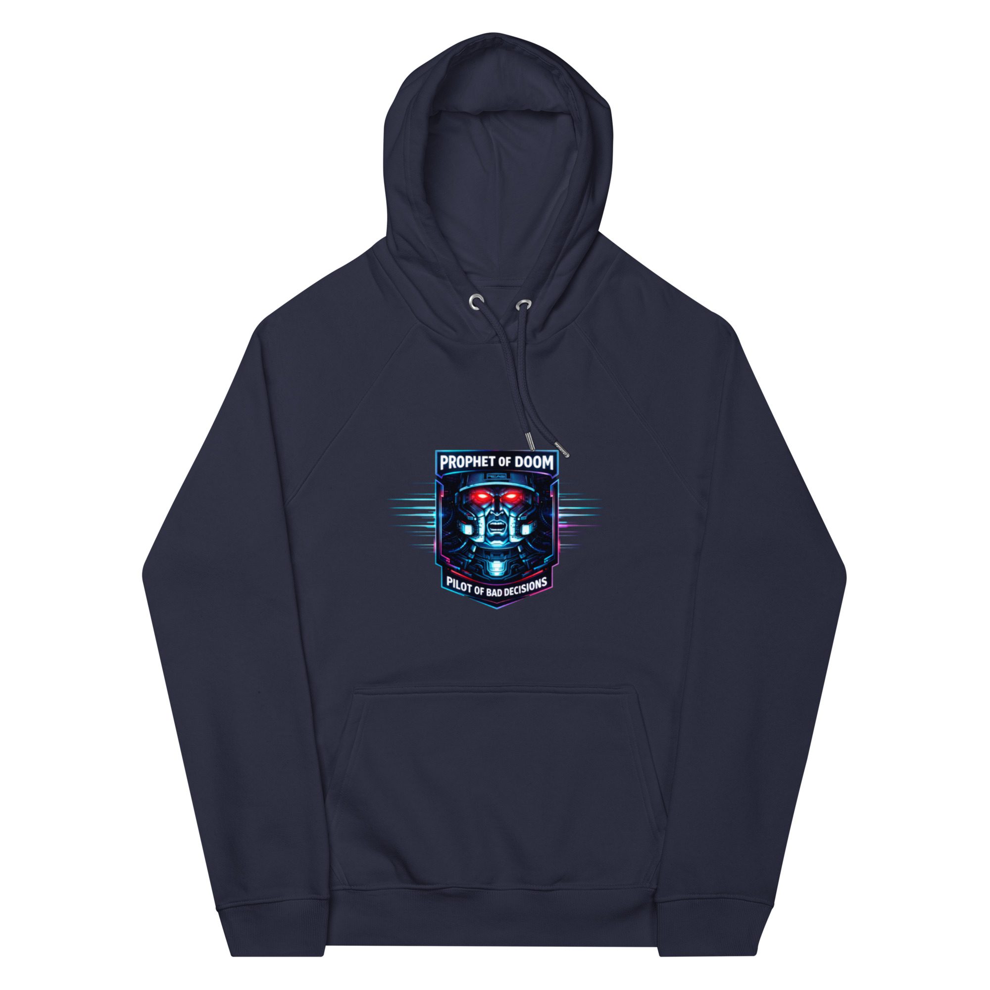 Navy blue hoodie with a colorful graphic on the front.