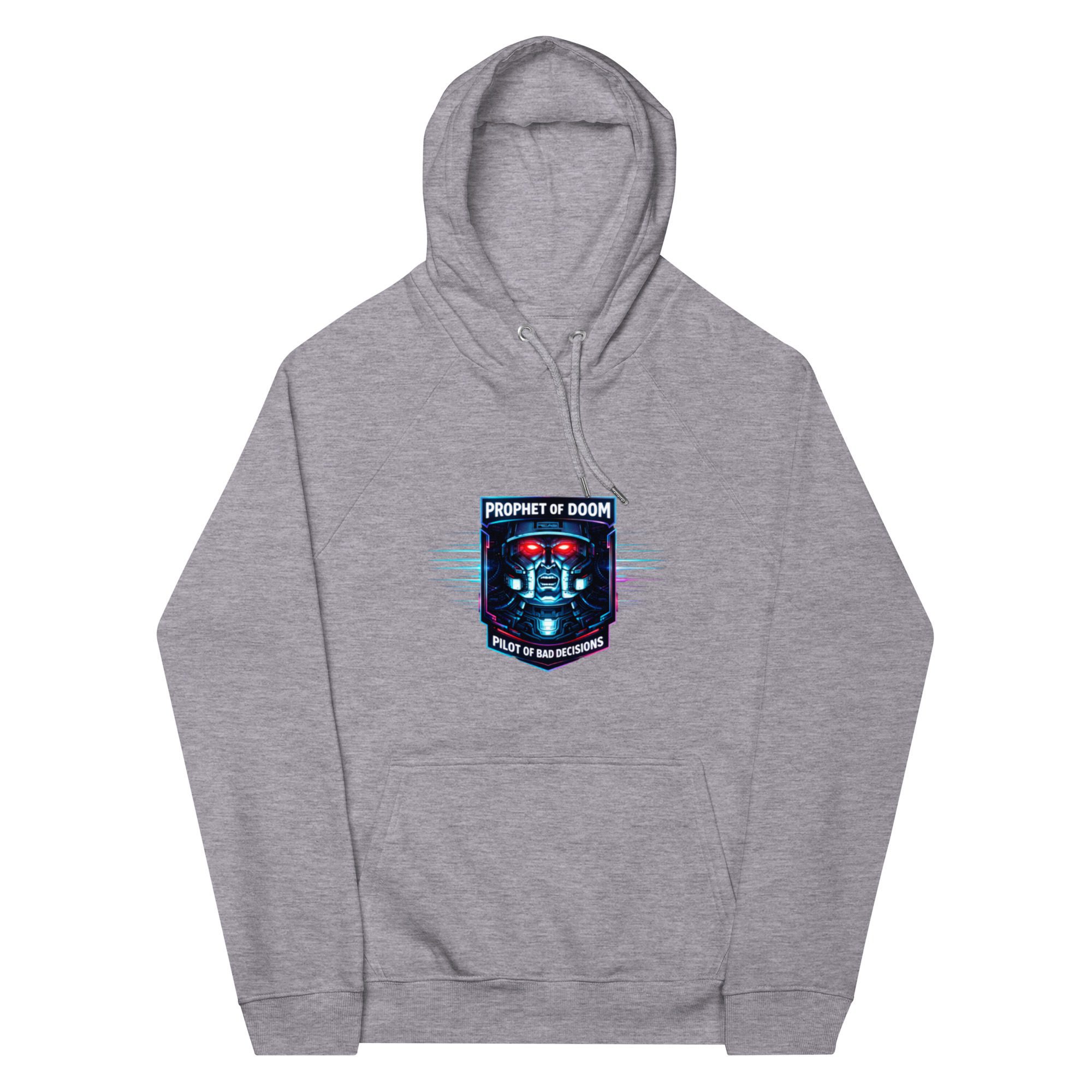 Gray hoodie with a colorful emblem on the chest.