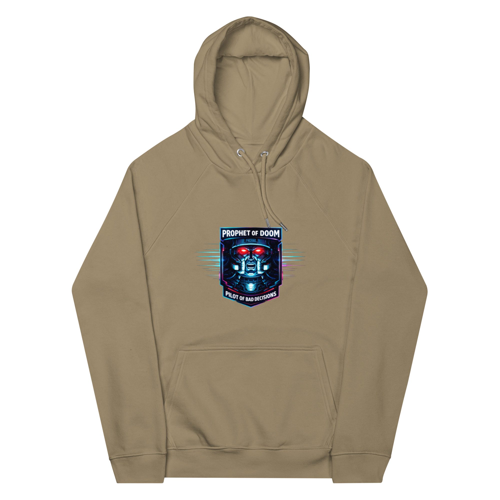 Beige hoodie with a colorful hexagonal emblem on the chest.