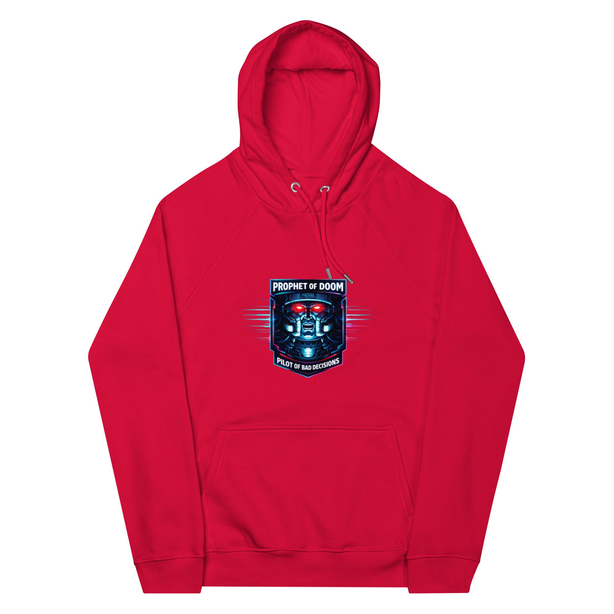 Red hoodie with a NASA-themed graphic on the front.
