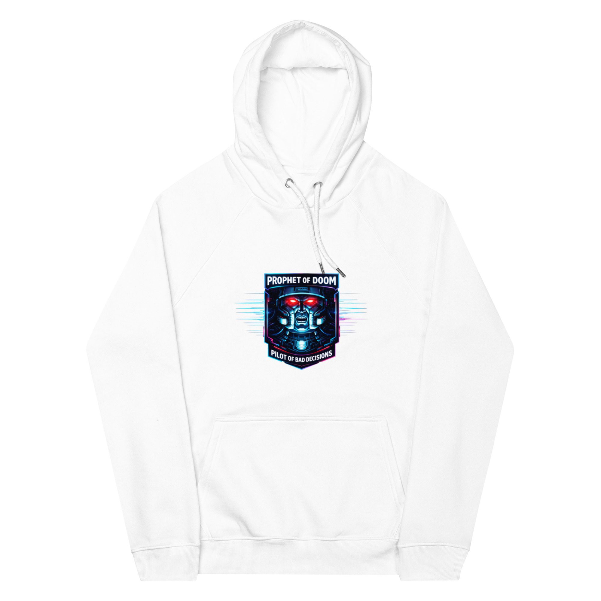 White hoodie with a colorful crest emblem on the chest.